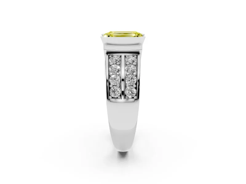 Emerald Cut Half Bezel Engagement Ring Setting for a Fancy Yellow Lab-Grown Diamond | Channel Band | White Gold
