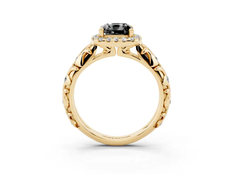 Cushion Cut Leaf Halo Engagement Ring Setting for a Black Center | Bezel Accents | Yellow Gold
