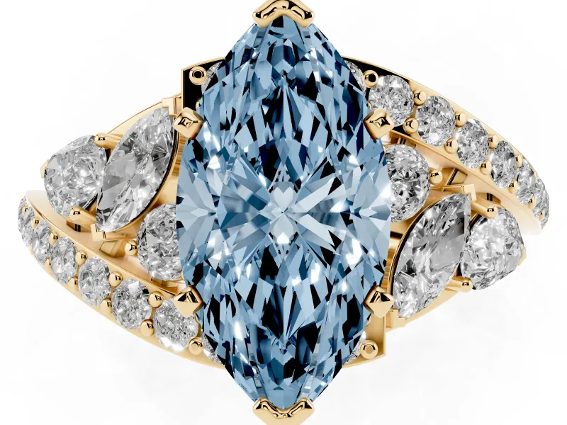 Fancy Blue Marquise Cut Diamond Halo Ring Set in Yellow gold with Marquise and Pavé Band in Prong Setting