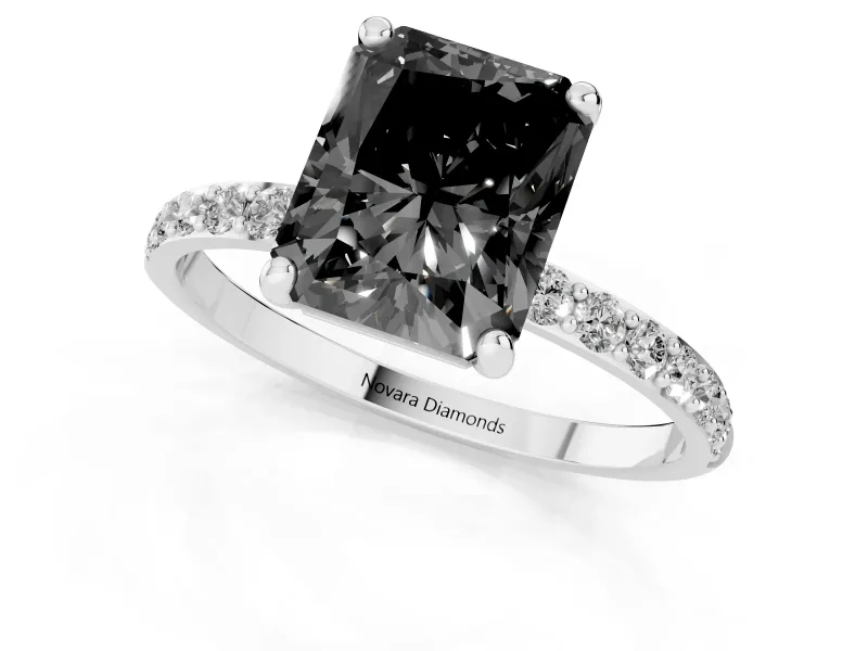 Fancy Black Radiant Cut Diamond Solitaire Ring Set in Silver with Round Pavé Band and Prong Setting
