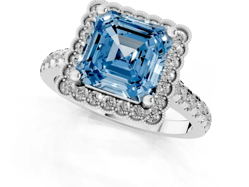Fancy Blue Asscher Cut Diamond Milgrain Floral Halo Engagement Ring Set in Platinum with Pavé Band