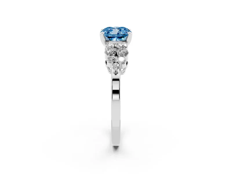 Cushion Cut Side Stone Engagement Ring Setting for a Fancy Blue Lab-Grown Diamond | Two-Row Shoulder Clusters | Platinum
