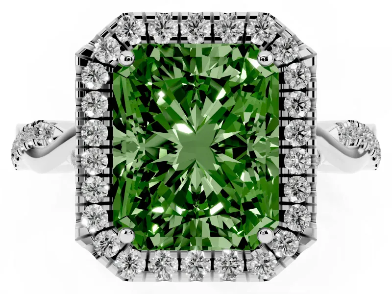 Radiant Cut Twist Halo Engagement Ring Setting for a Fancy Green Lab-Grown Diamond | Sterling Silver