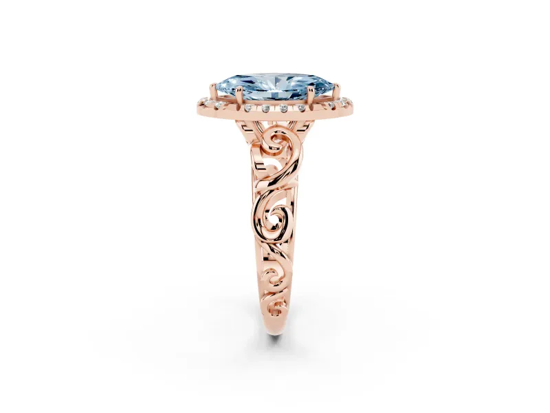 Fancy Blue Marquise Cut Diamond Halo Ring Set in Rose gold with Scrollwork Band and Prong Setting