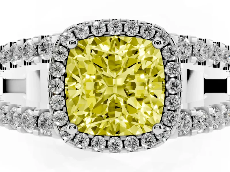 Fancy Yellow Cushion Cut Diamond Halo Ring Set in Platinum with Pavé Split Shank and Prong Setting