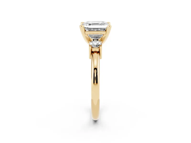 Three-Stone Asscher Cut Diamond Ring Set in Yellow gold with Prong Setting and Plain Band