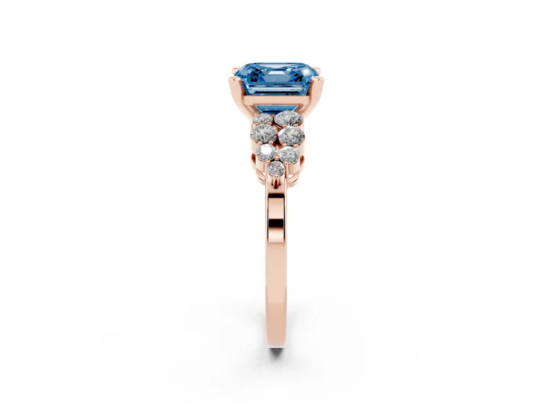 Asscher Cut Side Stone Engagement Ring Setting for a Fancy Blue Lab-Grown Diamond | Shoulder Clusters | Rose Gold