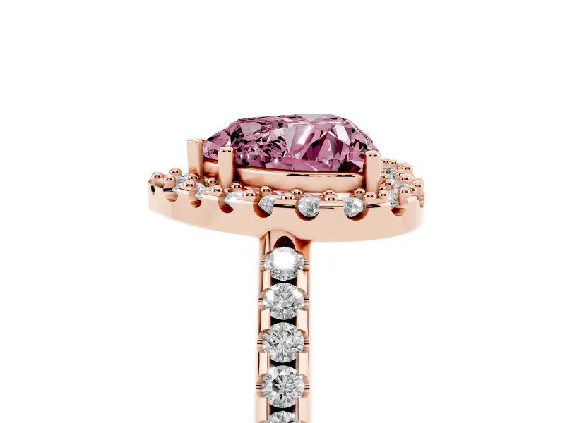 Heart-Shaped Pave Halo Engagement Ring Setting for a Fancy Pink Lab-Grown Diamond | Pave Band | Rose Gold
