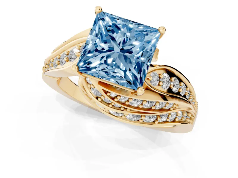 Princess Cut Bypass Pavé Engagement Ring Setting for a Fancy Blue Lab-Grown Diamond | Graduated Pavé | Yellow Gold