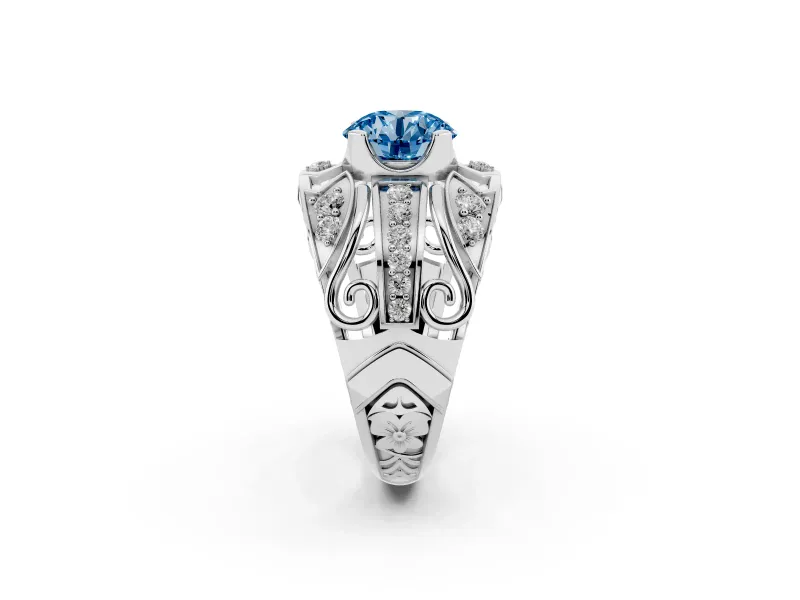 Round Art Deco Engagement Ring Setting for a Fancy Blue Lab-Grown Diamond | Sterling Silver