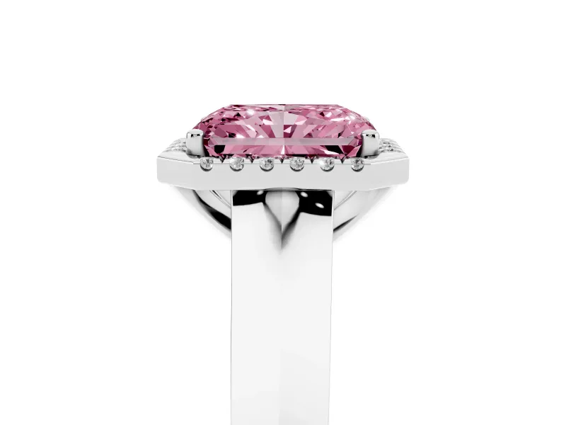 Fancy Pink Radiant Cut Diamond Halo Ring Set in Platinum with Cathedral Band and Prong Setting