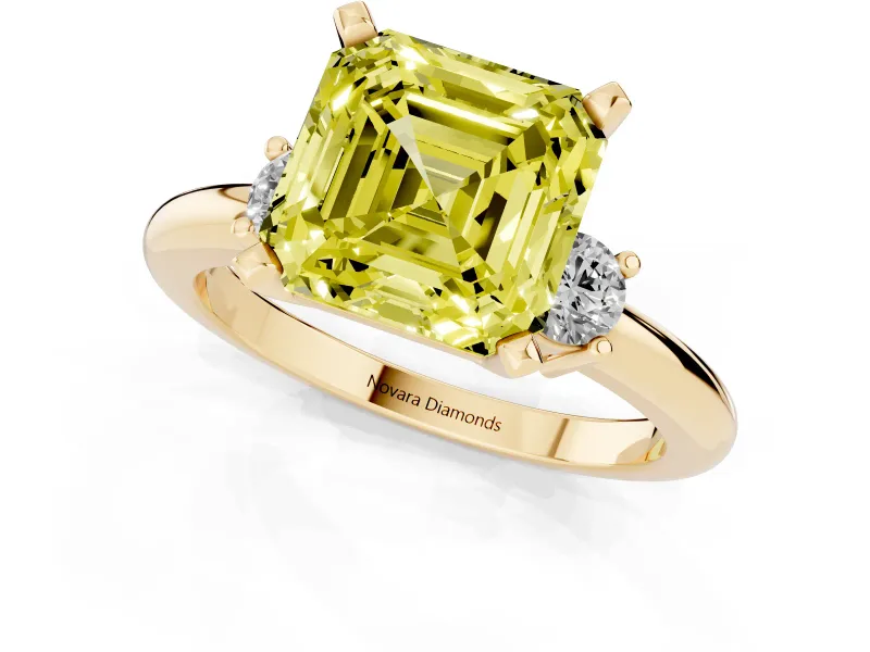 Fancy Yellow Three-Stone Asscher Cut Diamond Ring Set in Yellow gold with Prong Setting and Plain Band
