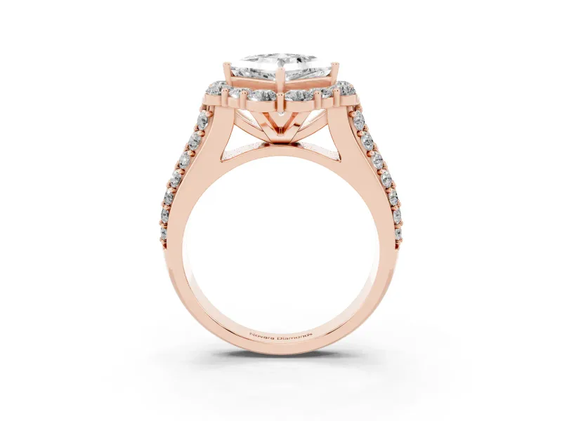 Princess Cut Diamond Halo Engagement Ring Set in Rose gold with Split Shank and Prong Setting