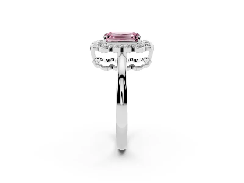 Emerald Cut Scalloped Cluster Halo Engagement Ring Setting for a Fancy Pink Lab-Grown Diamond | Plain Band | White Gold