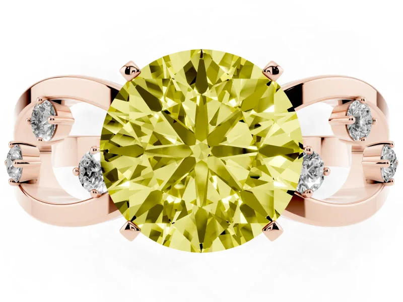 Fancy Yellow Round Cut Diamond Solitaire Ring Set in Rose gold with Side Stones on Criss-Cross Band and Prong Setting