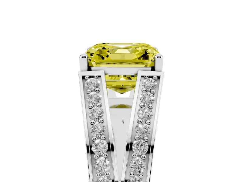 Fancy Yellow Asscher Cut Diamond Split Shank Ring Set in Platinum with Pavé Band and Prong Setting