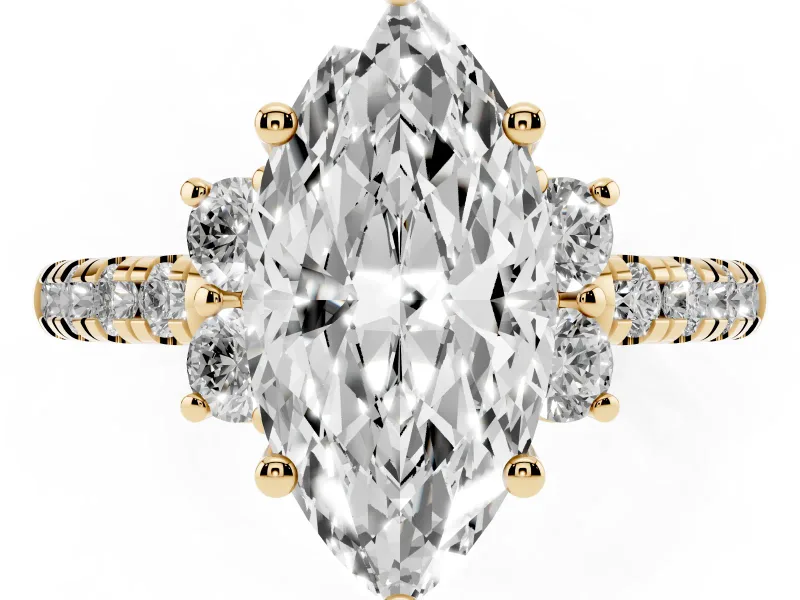 Marquise Side Stone Pave Engagement Ring Setting | Paired Round Accents | Yellow Gold