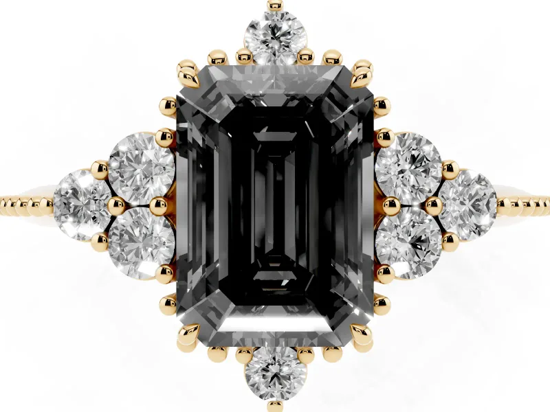 Emerald Cut Vintage Cluster Engagement Ring Setting for a Black Center | Beaded Edges | Yellow Gold