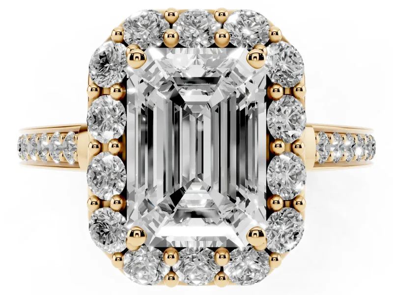 Emerald Cut Floral Halo Engagement Ring Setting | Large Round Accents | Yellow Gold