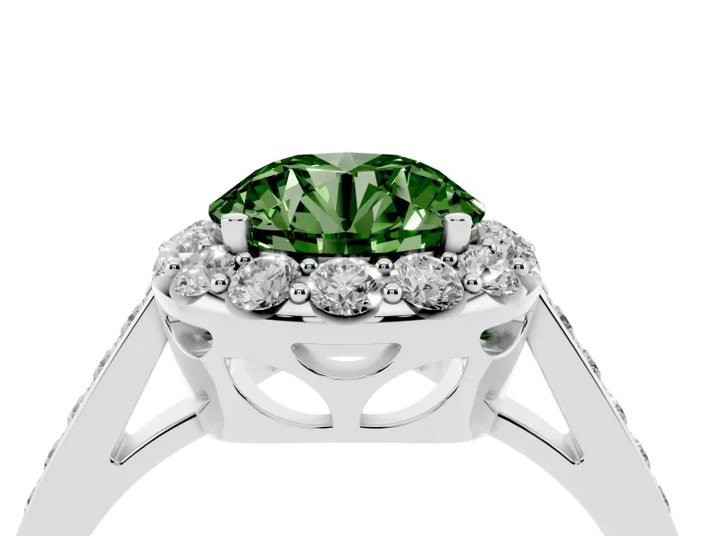 Fancy Green Round Cut Diamond Floral Halo Ring Set in White gold with Pavé Band and Prong Setting