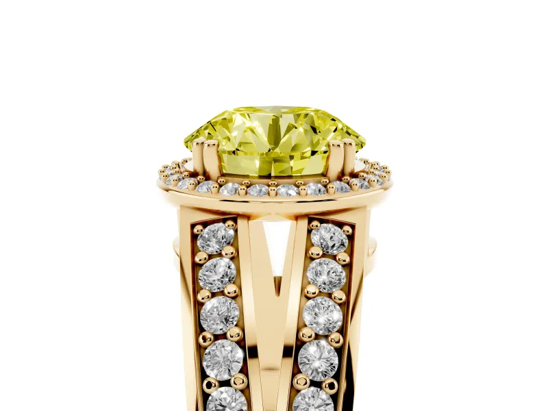 Round Halo Engagement Ring Setting for a Fancy Yellow Lab-Grown Diamond | Split Shank | Yellow Gold