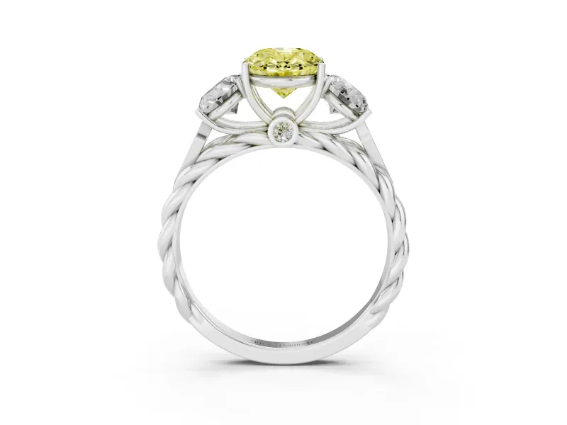 Fancy Yellow Oval Cut Diamond Three-Stone Ring Set in Silver with Braided Band