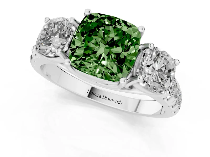 Fancy Green Cushion Cut Diamond Three-Stone Ring Set in Silver with Pavé Band