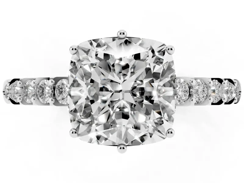Cushion Cut Hidden Halo Solitaire Engagement Ring Setting | Shared Prong Band | Sterling Silver