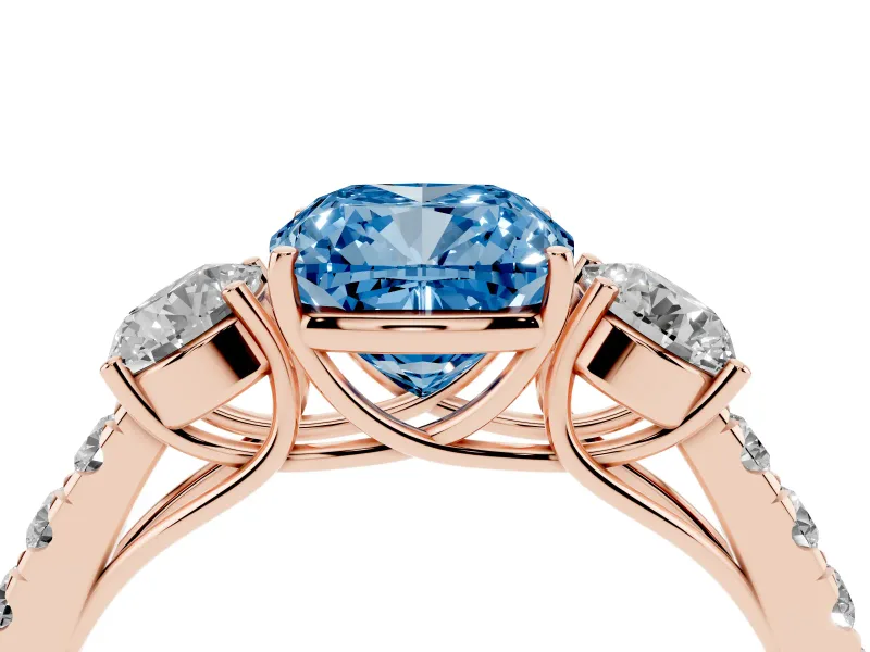 Cushion Cut Engagement Ring Setting for a Fancy Blue Lab-Grown Diamond | Three Stone | Rose Gold