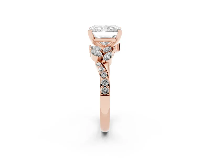 Radiant Cut Floral Engagement Ring Setting | Marquise Side Stones | Rose Gold