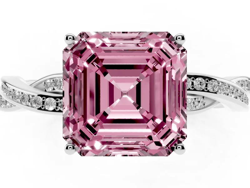 Fancy Pink Asscher Cut Diamond Solitaire Twisted Pavé Ring Set in Silver with Prong Setting
