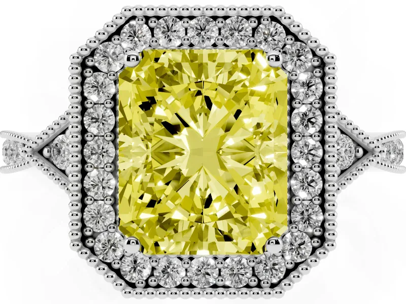 Fancy Yellow Radiant Cut Diamond Halo Engagement Ring Set in Silver with Milgrain Pavé Band