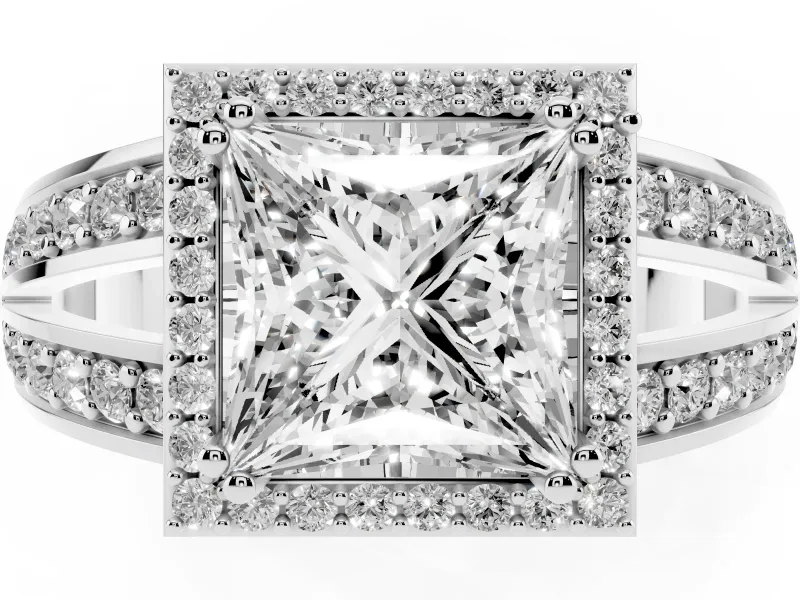Princess Cut Halo Engagement Ring Setting | Two-Row Pave Split Shank | Sterling Silver