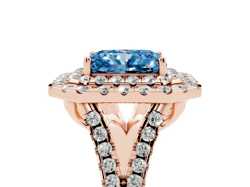 Radiant Cut Halo Split Shank Engagement Ring Setting for a Fancy Blue Lab-Grown Diamond | Pavé Strands | Rose Gold