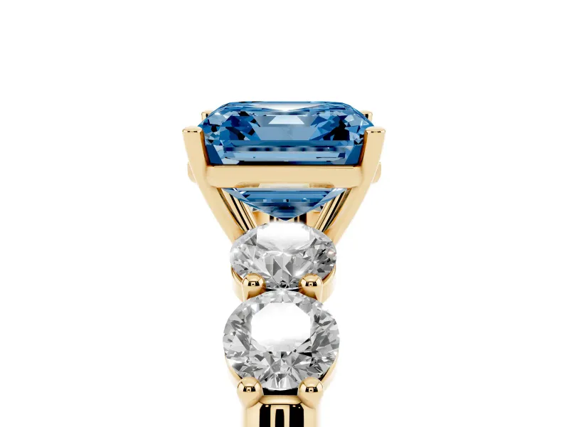 Asscher Cut Five Stone Engagement Ring Setting for a Fancy Blue Lab-Grown Diamond | Prong Set Side Stones | Yellow Gold