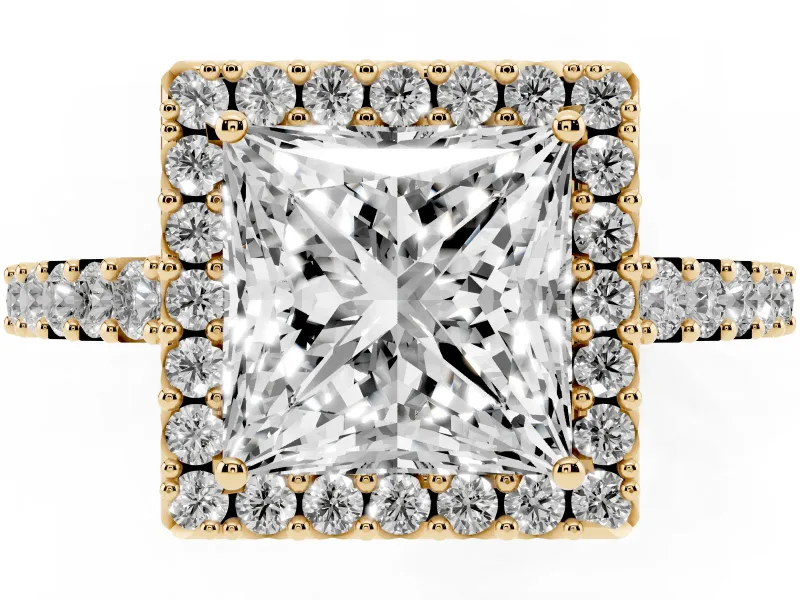 Princess Cut Diamond Halo Pavé Solitaire Ring Set in Yellow gold with Prong-Set Center Stone