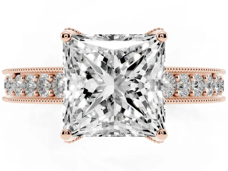 Princess Cut Vintage Hidden Halo Engagement Ring Setting | Milgrain Pave Band | Rose Gold