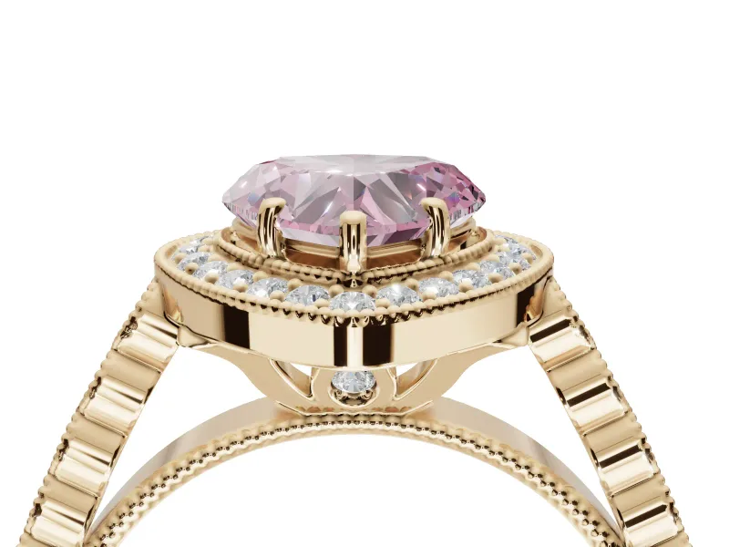 Fancy Pink Heart-Shaped Lab-Grown Diamond Milgrain Halo Solitaire Ring Set in Yellow Gold with Bezel Set Side Stones and Pavé Band