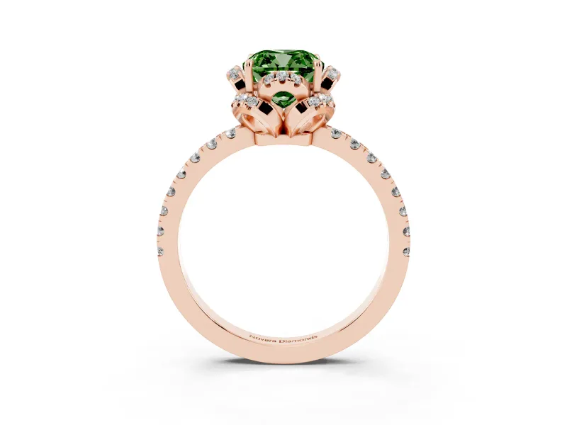 Cushion Cut Floral Petal Halo Engagement Ring Setting for a Fancy Green Lab-Grown Diamond | Pavé Band | Rose Gold