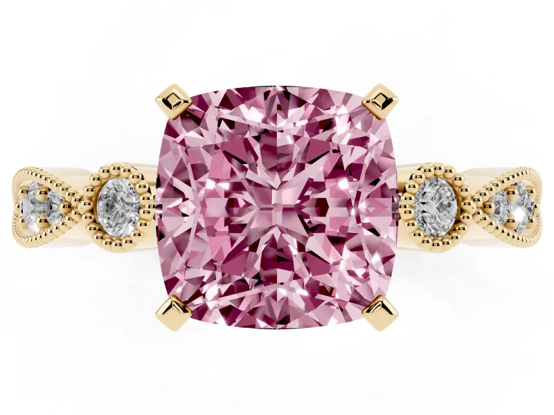 Cushion Cut Vintage Engagement Ring Setting for a Fancy Pink Lab-Grown Diamond | Yellow Gold