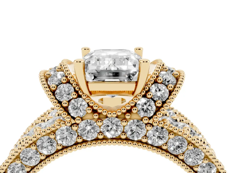 Emerald Cut Vintage Milgrain Pave Engagement Ring Setting | Crescent Side Rows | Yellow Gold
