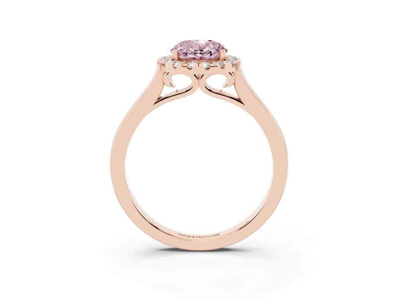 Fancy Pink Oval Cut Halo Round Diamond Solitaire Ring Set in Rose gold with Pavé Band and Prong Setting