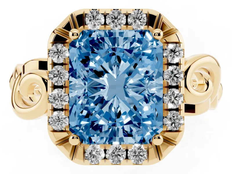 Fancy Blue Radiant Cut Diamond Halo Ring Set in Yellow gold with Scrollwork Band and Prong Setting