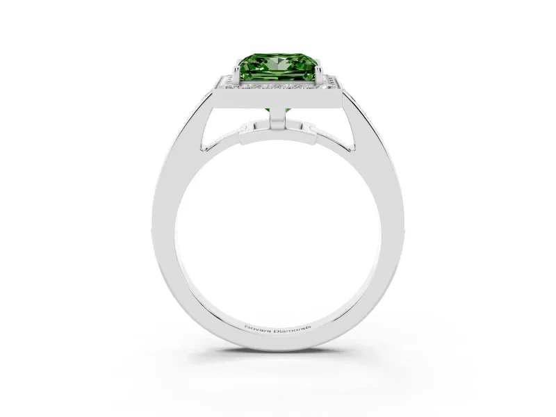 Fancy Green Princess Cut Diamond Halo Pavé Engagement Ring Set in Platinum with Bezel Setting