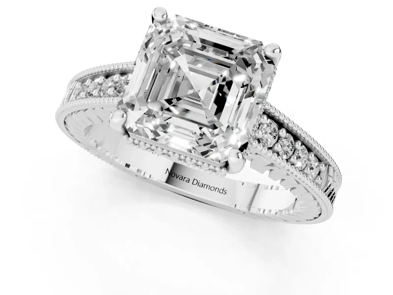 Asscher Cut Vintage Engraved Solitaire Engagement Ring Setting | Milgrain Pavé | White Gold