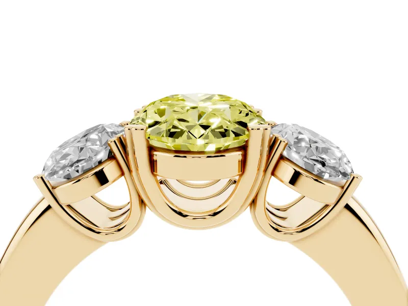 Fancy Yellow Oval Cut Diamond Three-Stone Ring Set in Yellow gold with Polished Band and Prong Setting