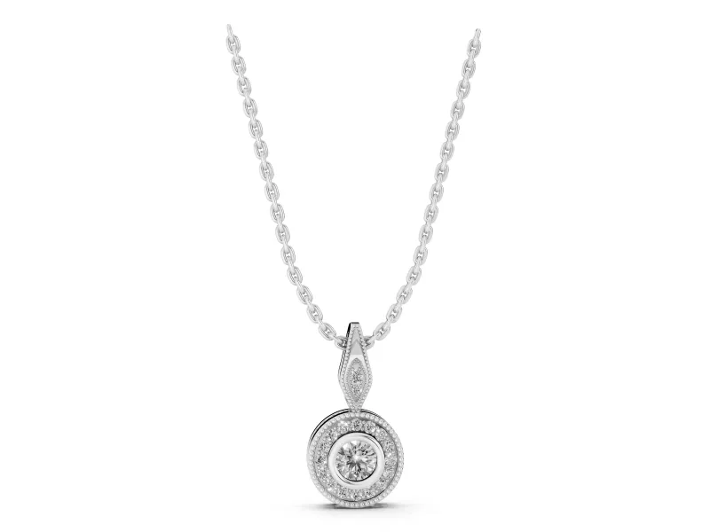 Round Lab-Grown Diamond Vintage Halo Pendant Necklace | Bezel and Milgrain | White Gold