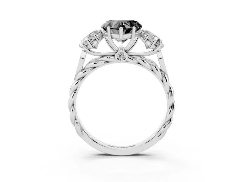 Heart-Shaped Three Stone Engagement Ring Setting for a Black Center | Braided Band | Platinum