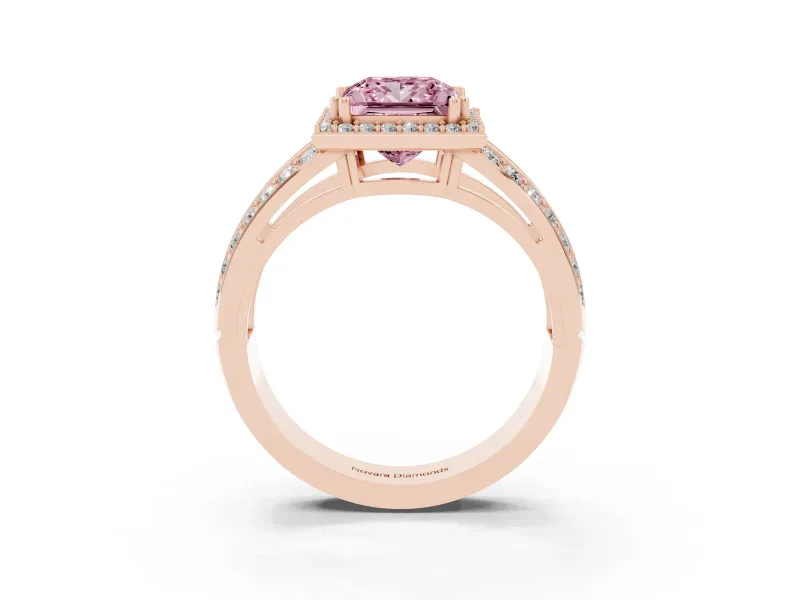 Princess Cut Halo Engagement Ring Setting for a Fancy Pink Lab-Grown Diamond | Two-Row Pave Split Shank | Rose Gold