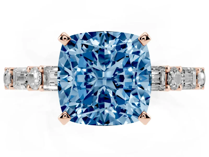 Cushion Cut Baguette Side Stone Engagement Ring Setting for a Fancy Blue Lab-Grown Diamond | Rose Gold